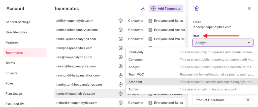 A teammate's details as listed on the teammates page with an arrow pointed at the role drop-down