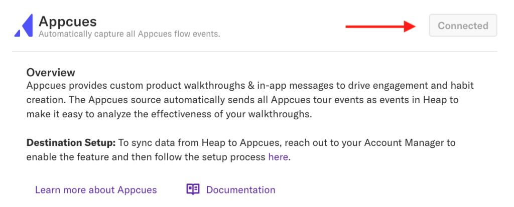 The Appcues integration page with an arrow pointing to the Connected button to highlight it