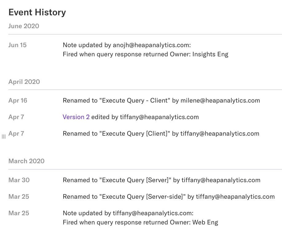 The event history section of an event details page, with events listed in chronological order starting from the most recent