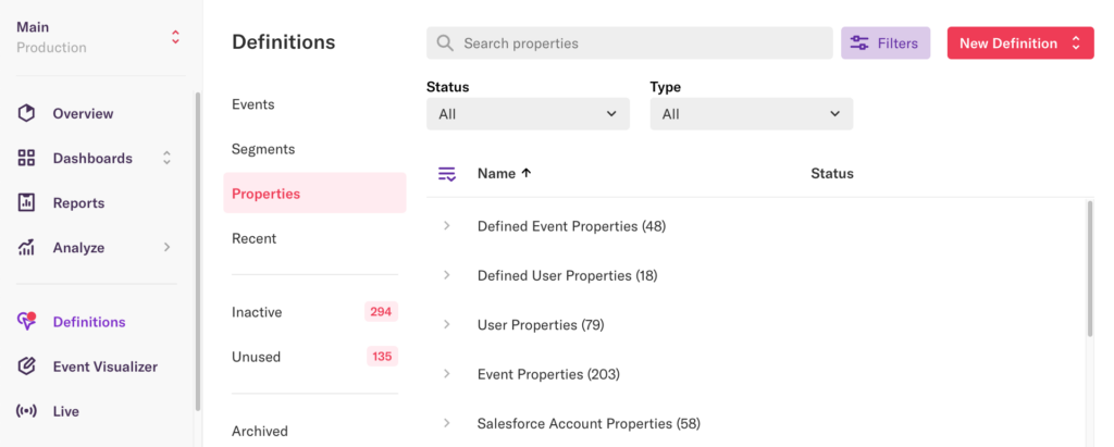 The properties page in Heap with all properties listed