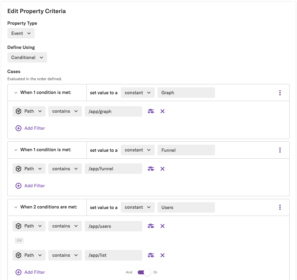 The edit property criteria section of the analysis module event with several conditions listed