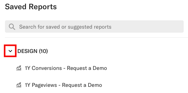 The saved reports page with a red box around the drop-down arrow for the Design category to highlight it