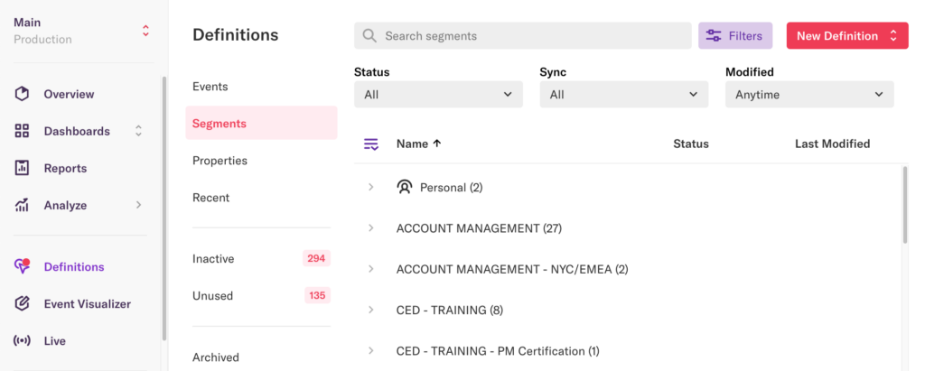 The segments page in Heap with all segments listed