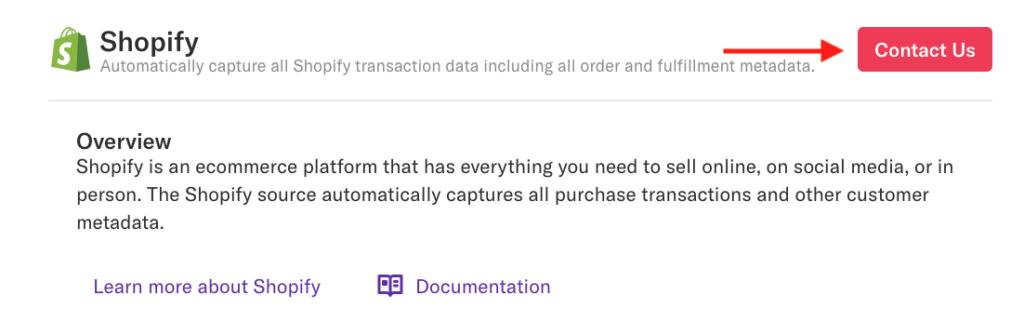 The Shopify integration page with an arrow pointing to the Contact Us button to highlight it