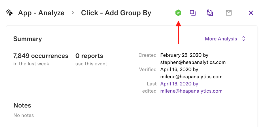 A hexagon with a green check mark inside listed at the top of an event details page to indicate the event is verified