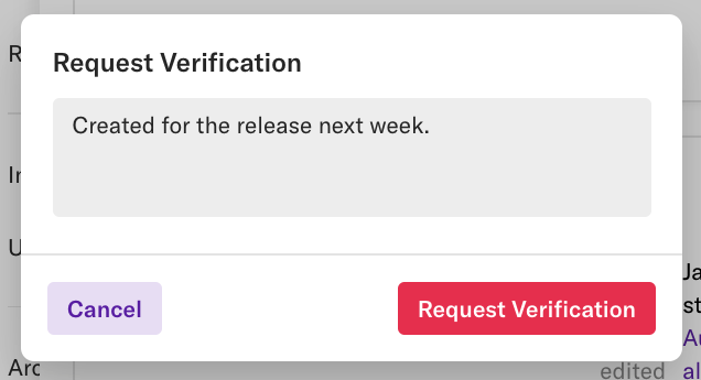 The request verification pop-up where you can enter text about the request