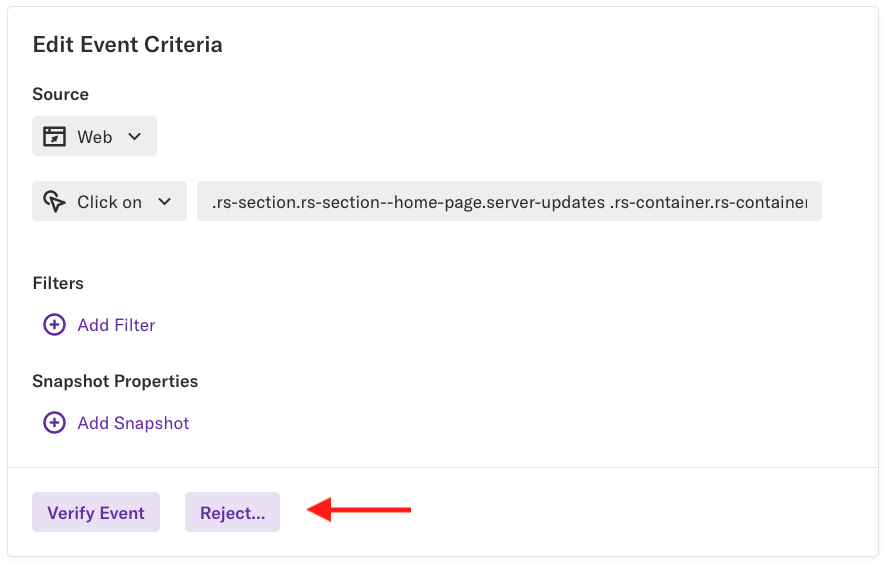 The edit event criteria section of a pending event with an arrow pointing at the 'Reject' button