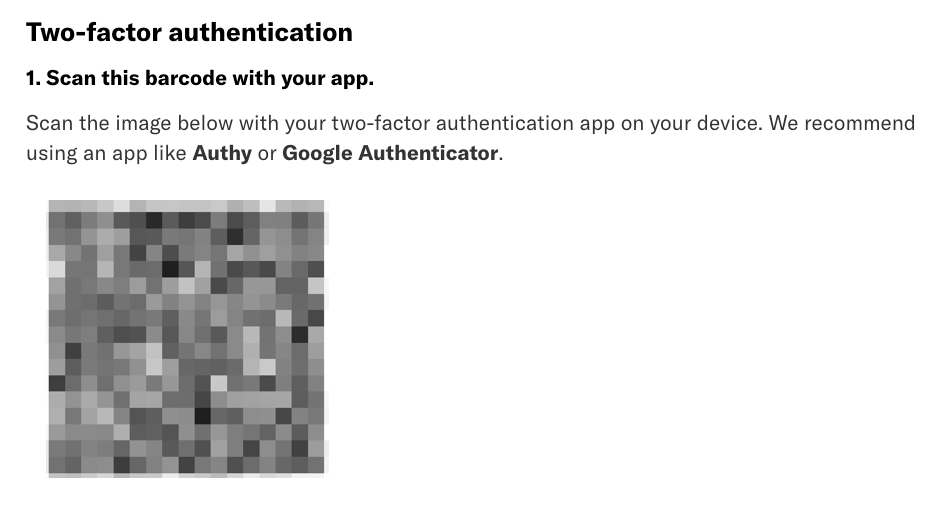 The two-factor authentication section with the barcode displayed