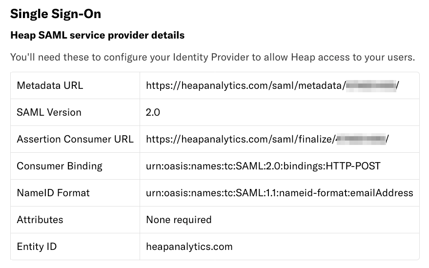 The Single Sign-on details as listed on the General Settings page in Heap
