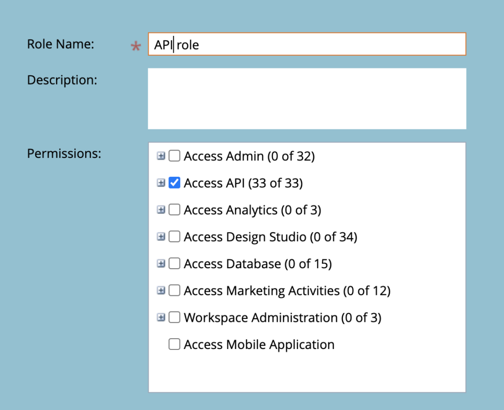 Marketo's page for setting permissions with the role name 'API role' set and the permission 'Access API' checked