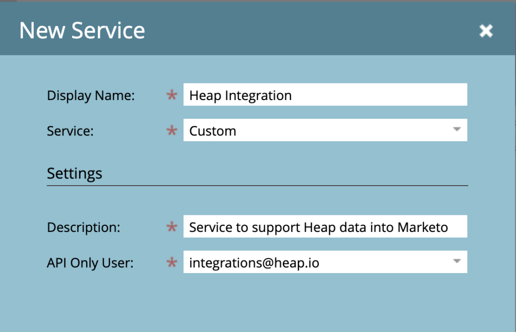 The New Service screen with Display name set to Heap Integration, Service set to Custom, and a Description and email added