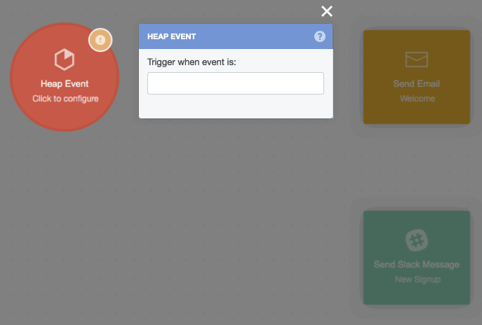 The Heap event pop-up with the 
text 'signup' added into the field 'Trigger when event is' and an illustration of the event being sent to Slack or email