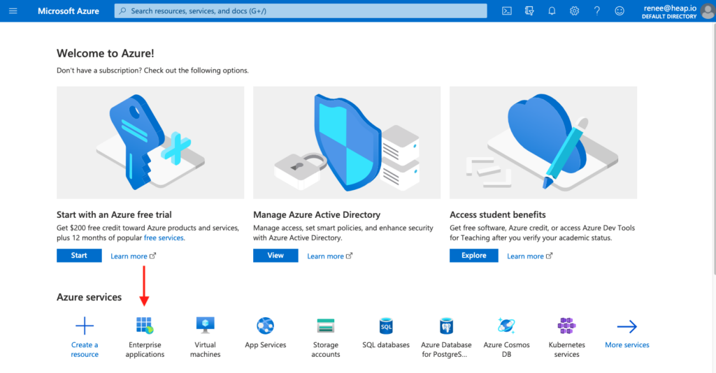 The Azure landing page with an arrow pointing to the 'Enterprise Applications' option