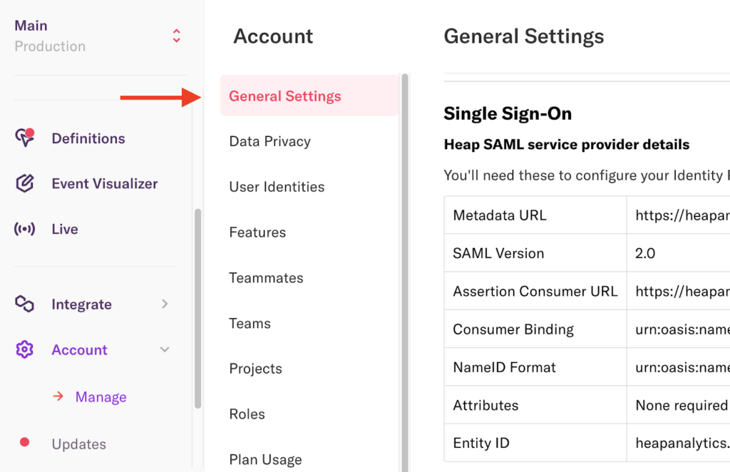 The General Settings page in Heap with an arrow pointing at the General Settings tab