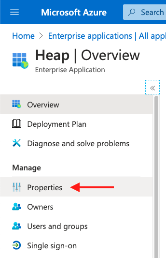 The 'Heap app Overview' page in Azure with an arrow pointing at the Properties tab