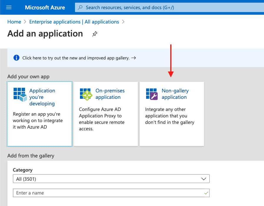 The 'Add an application' page in Azure with an arrow pointing to the 'Non-gallery application' section