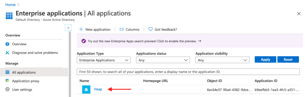 The 'Enterprise applications' page in Azure with an arrow pointing to the Heap app