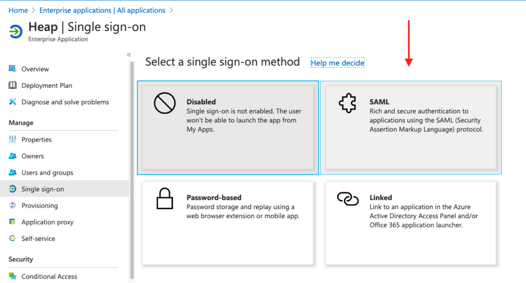 The single sign-on tab in Azure with an arrow pointing at the 'SAML' option