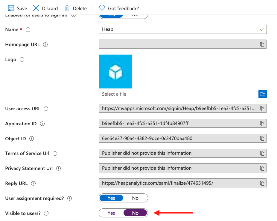 The 'Heap app Overview' page in Azure with an arrow pointing at the 'Visible to user?' toggle