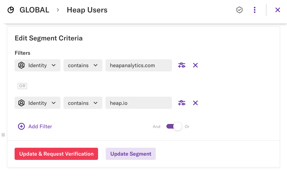 'Heap Users' segment filtered by Identity contains heapanalytics.com or heap.io