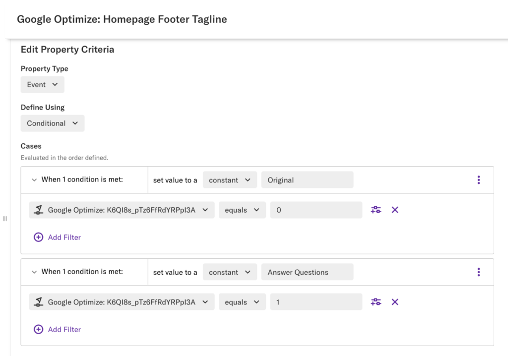 The Google Optimize: Homepage Footer Tagline as displayed in Heap