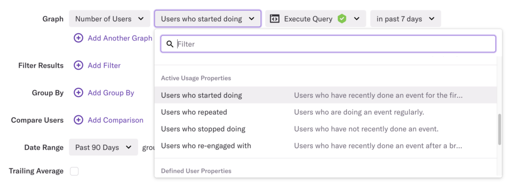 A graph module with Number of Users and Users who started doing selected. The dropdown shows other Active Usage Properties