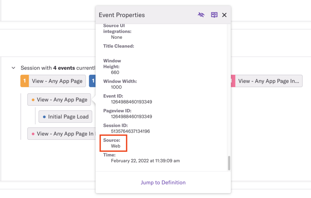 An event hover popup with the event source highlighted
