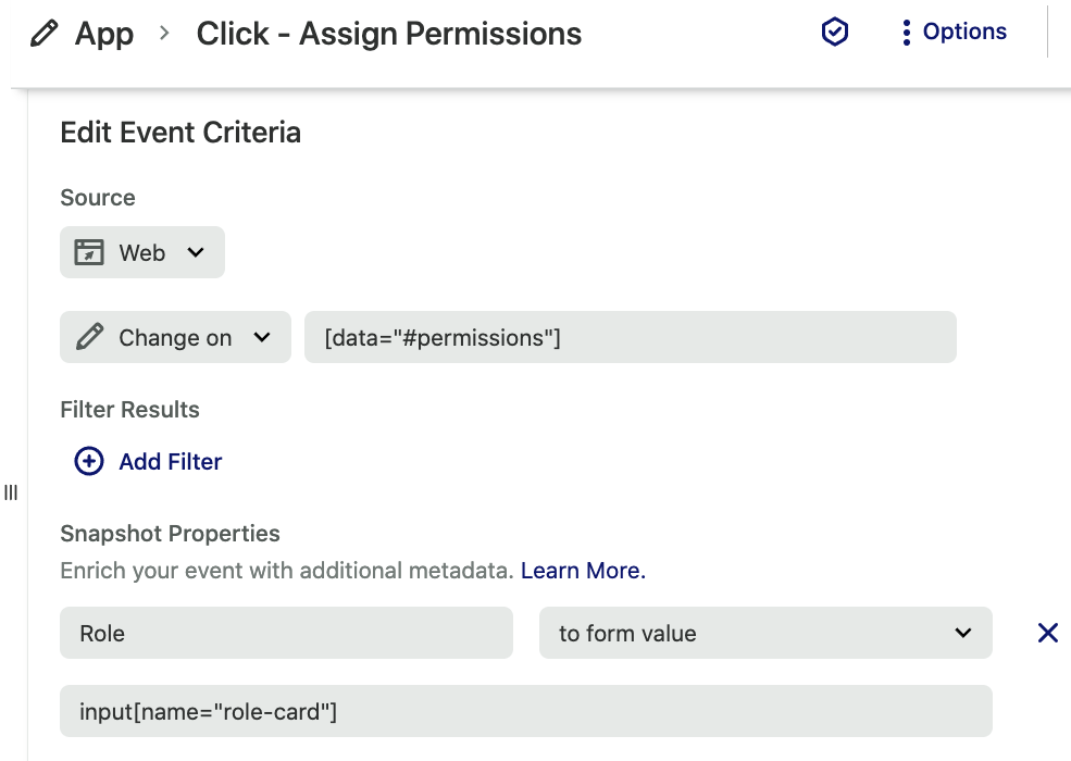 The click - assign permissions event details page with a Role snapshot set to form value
