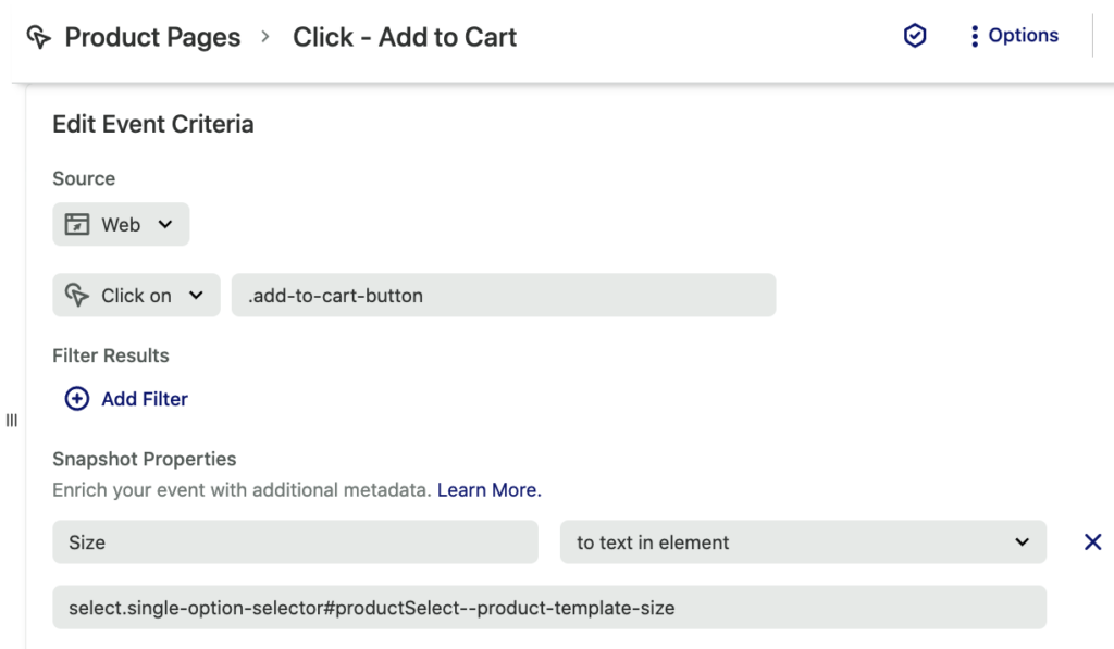 The click - add to cart event details page with a Size Snapshot set to text in element 