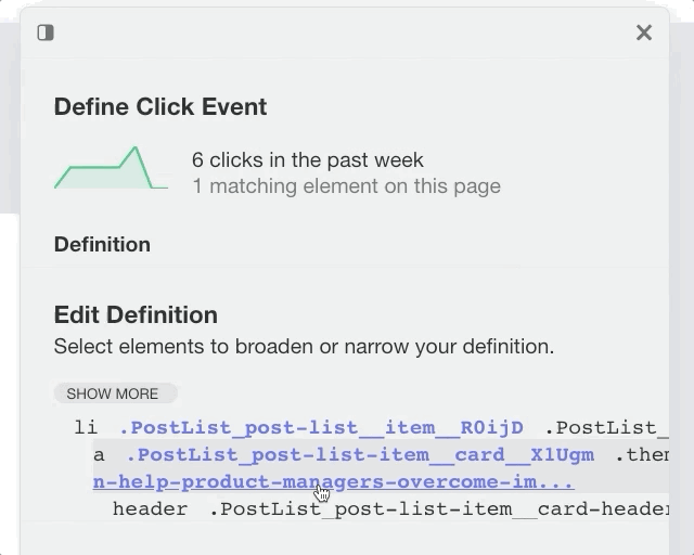 A mouse clicks on an element of the CSS to add it to the event definition, and the number of clicks increases
