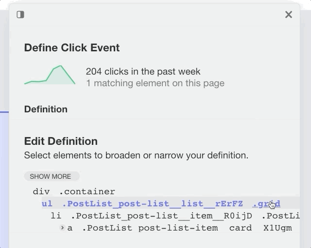 A mouse clicks on an element of the CSS to add it to the event definition, and the number of clicks decreases