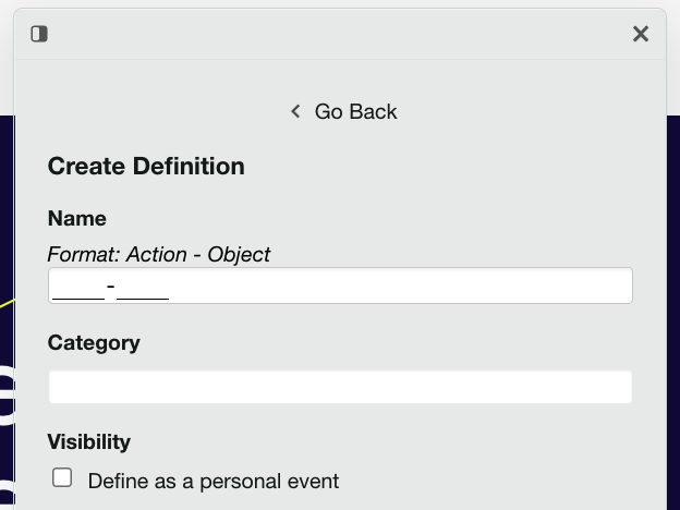 The 'Create Definition' pane featuring the name, category, and visibility sections