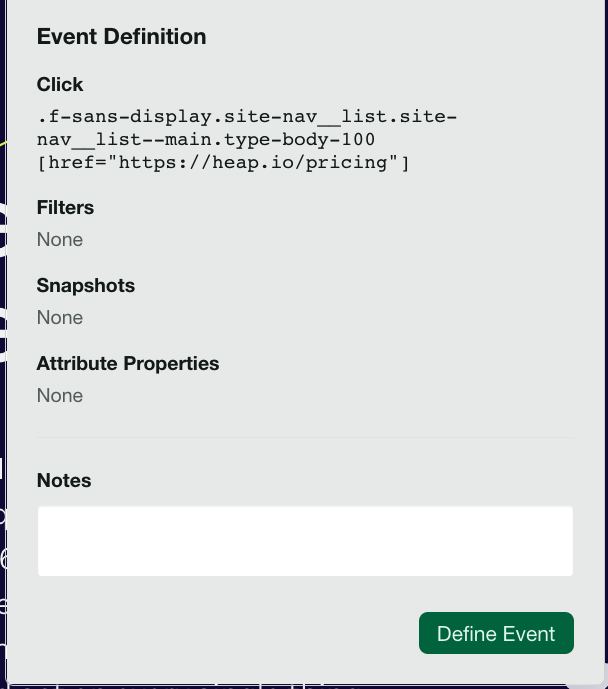 The 'Event Definition' section with click, filters, snapshots, attribute properties, and a notes section, with the Define Event button at the bottom