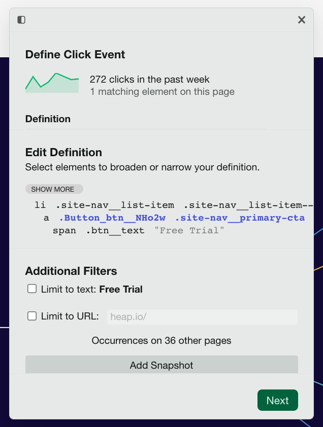 The 'Define Click Event' panel with the edit definition section shown