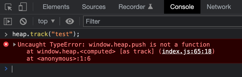 A screenshot of the Google Chrome Developer Console where the API call Heap.track results in an error that reads "window.heap.push is not a function"